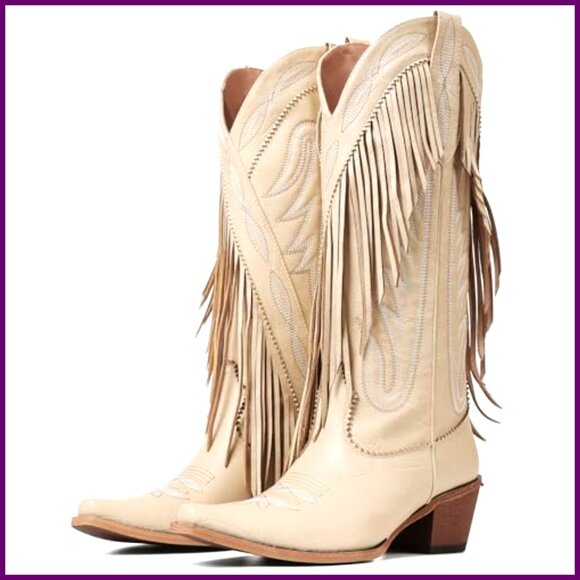 Women's Knee High Cowboy Boots Fringe Embroidery Chunky Heel Western - Picture 4 of 7